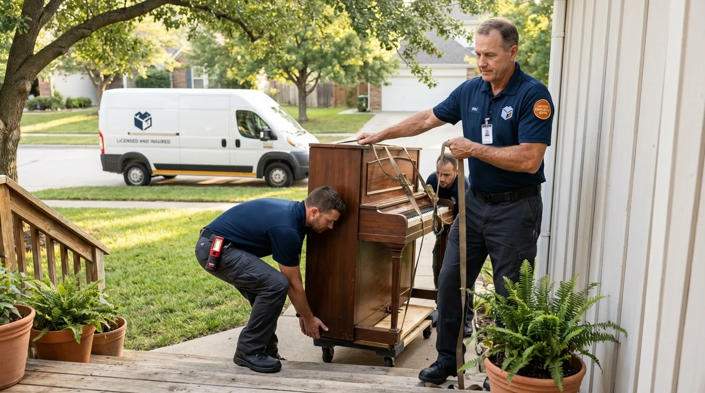 Licensed piano movers securing grand piano in Flanagan, IL
