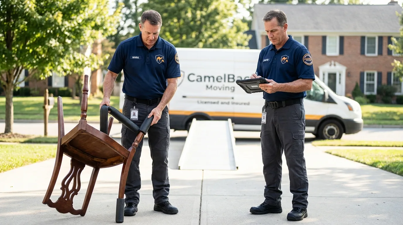 Movers inspecting furniture for damage prevention before loading in Flanagan, IL